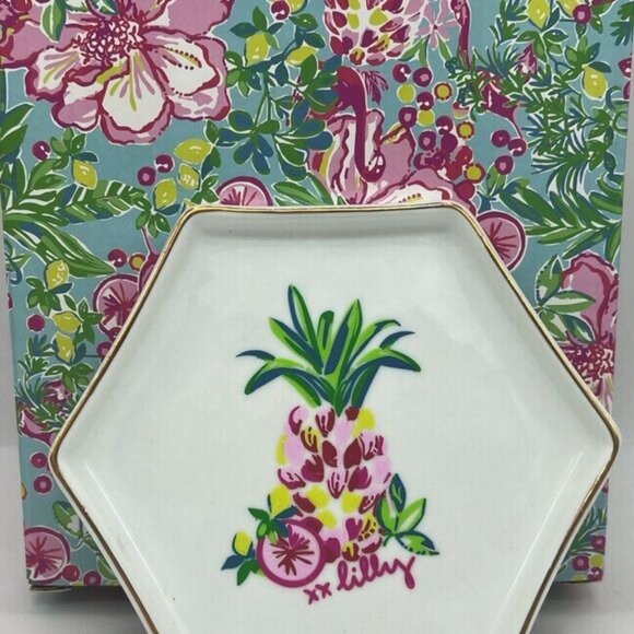 Lilly Pulitzer Pineapple Motif Trinket Tray Octagon Shaped Gold Trim NWB - Picture 3 of 3